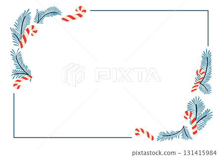 Christmas frame with candy canes and pine branches arranged in the corners on white background Christmas frame with candy canes and pine branches arranged in the corners on white background 131415984