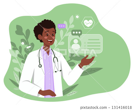 Dark Skinned Female Doctor with Medical Icons and Plants 131416018