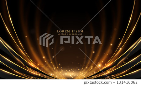 Black luxury background decoration with golden line curve, glowing light beam, and shiny dot effect 131416062