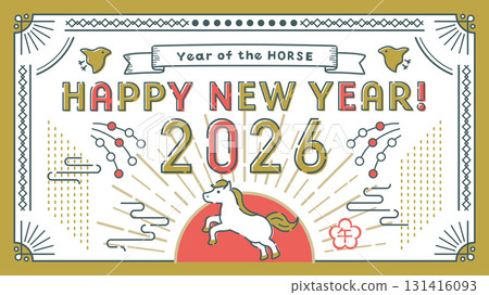 2026 Year of the Horse Retro-modern symmetrical New Year's background (16:9 size) 131416093