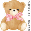 Cute teddy bear with pink bow watercolor illustration 131416097