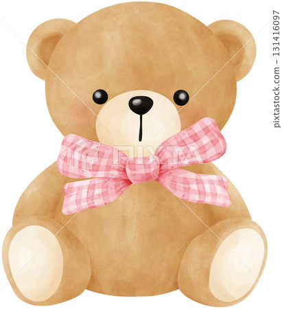 Cute teddy bear with pink bow watercolor illustration 131416097