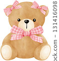 Cute teddy bear with pink bow watercolor illustration 131416098