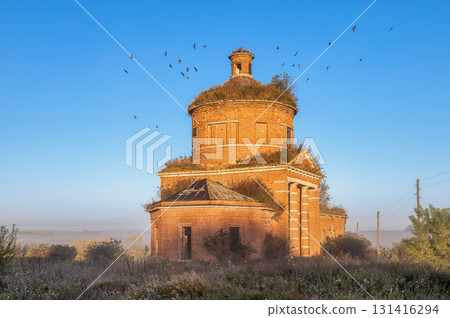 Abandoned church of Michael the Archangel in morning mist, Tula region Abandoned church of Michael the Archangel in morning mist, Tula region 131416294