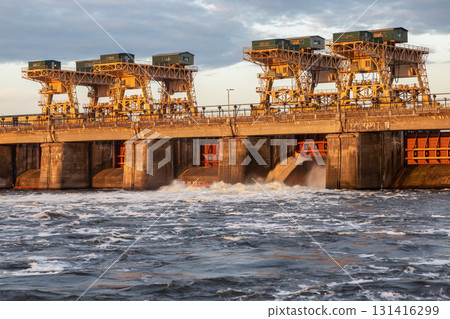 Ivankovo hydroelectric dam in Dubna, Russia at sunrise on the Volga River 131416299