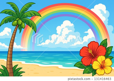 Tropical sea, palm trees, hibiscus, rainbow, anime style 131416463