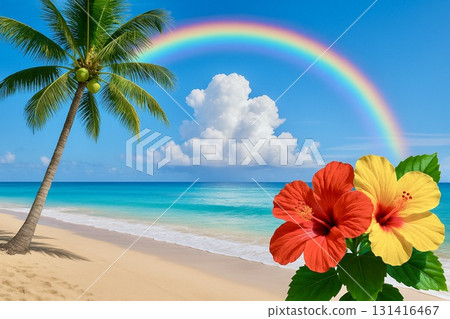 Tropical sea, palm trees, hibiscus, rainbow, photorealistic Tropical sea, palm trees, hibiscus, rainbow, photorealistic 131416467