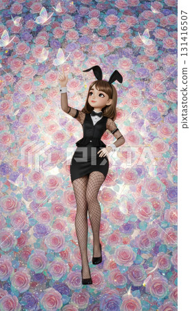 A figurine-like woman in a bunny costume lies among rainbow-colored roses blooming all around her and plays with butterflies. 131416507