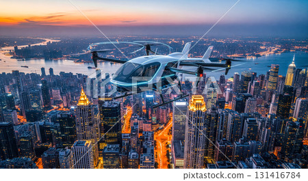 Futuristic air taxi flying over cyberpunk city at night, this concept is for advanced urban mobility and smart transportation Futuristic air taxi flying over cyberpunk city at night, this concept is for advanced urban mobility and smart transportation 131416784