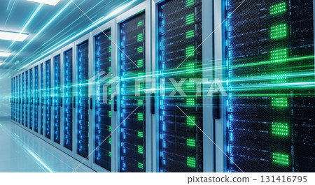 Server room racks in data center with glowing lights and motion blur, big data and cloud computing technology concept for web hosting storage Server room racks in data center with glowing lights and motion blur, big data and cloud computing technology concept for web hosting storage 131416795