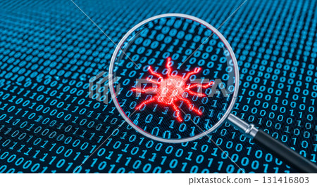 Cybersecurity concept with magnifying glass finding virus bug in binary code. Internet security, data protection and malware detection for computer system safety and analysis. 131416803