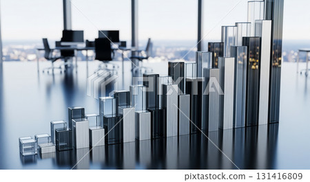 Rising bar chart graph in modern city office meeting room, business growth and corporate success concept with financial data visualization for presentation Rising bar chart graph in modern city office meeting room, business growth and corporate success concept with financial data visualization for presentation 131416809
