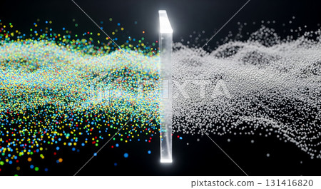 Data filtering and transformation concept with chaotic colorful particles becoming organized. Abstract technology background showing information processing, analysis Data filtering and transformation concept with chaotic colorful particles becoming organized. Abstract technology background showing information processing, analysis 131416820