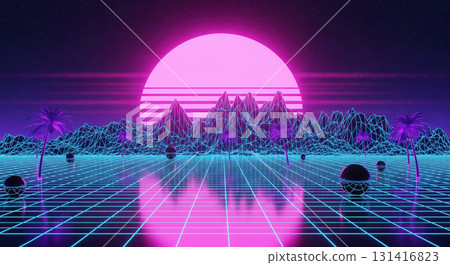Retro futuristic synthwave background with neon grid, mountains and sun. Abstract 80s style landscape with palm trees for music cover, game or poster 131416823