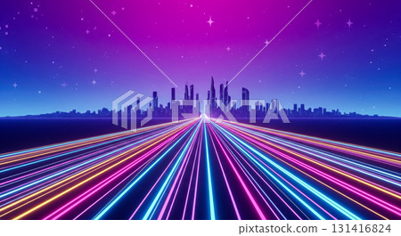 Futuristic city with colorful neon light trails moving at high speed. Concept of fast data transfer, smart city, digital highway and modern technology background Futuristic city with colorful neon light trails moving at high speed. Concept of fast data transfer, smart city, digital highway and modern technology background 131416824