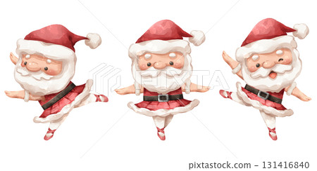 Set of cute watercolor painting santa claus cartoon illustrations performing graceful ballet dancing poses in christmas festival . Isolate white background . Vector . 131416840