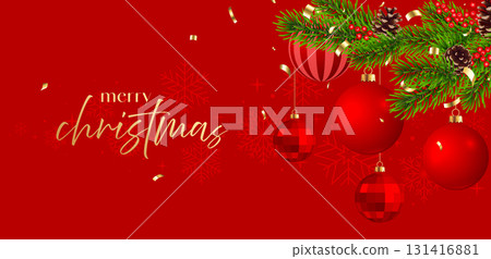 Christmas card, red bauble banner, Christmas tree background Christmas card, red bauble banner, Christmas tree background 131416881