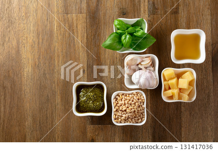 Homemade pesto sauce and ingredients. Homemade pesto sauce and ingredients. 131417036