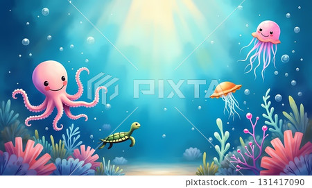 Colorful underwater scene featuring cheerful sea creatures with sunlight shining 131417090
