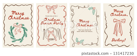 Whimsical retro Christmas card and dinner menu templates. Hand drawn doodle holiday invitation backgrounds with bows and ribbons. Festive illustration for seasonal party banners and greeting designs. 131417230