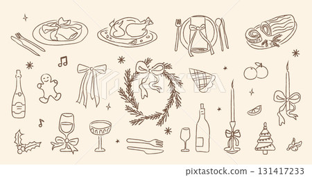 Whimsical hand-drawn Christmas dinner doodle set with festive holiday elements, roasted turkey, wine glasses, candles, wreath, gingerbread, and seasonal decorations. Vector illustration isolated. 131417233