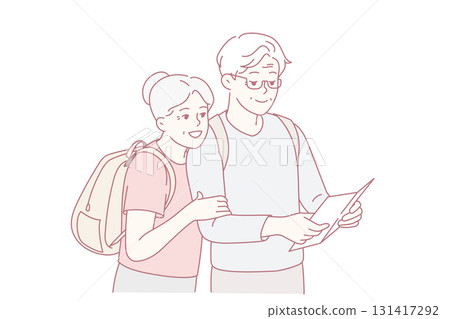 Smiling mature couple look at map traveling 131417292