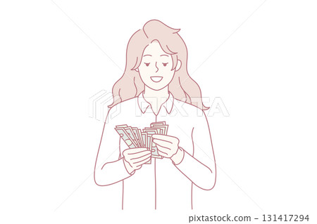 Smiling woman counting money banknotes 131417294