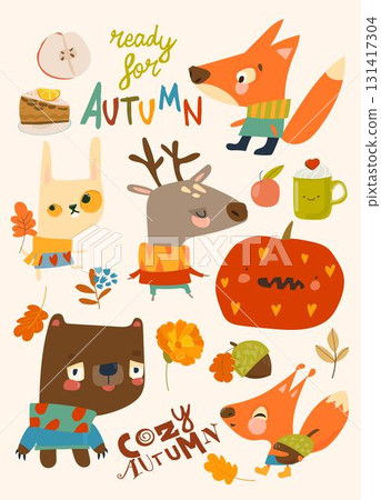 Cartoon Set with funny Animals and Autumn Elements 131417304