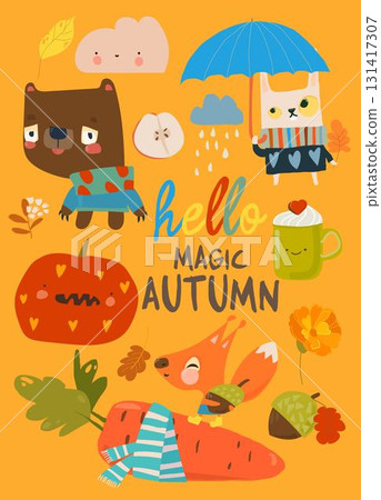 Cartoon Set with funny Animals and Autumn Elements 131417307