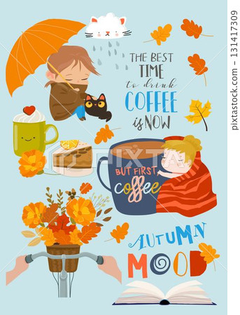 Vector Cartoon Set with Autumn Mood Vector Cartoon Set with Autumn Mood 131417309