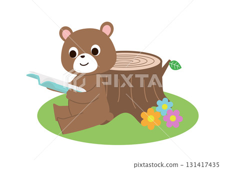 A bear leaning against a stump in a field reading a book 131417435