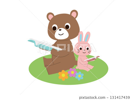 一隻熊和一隻兔子坐在田野裡一起看書 131417439