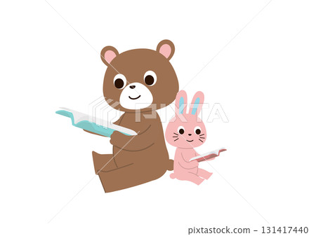 A bear and a rabbit sitting back to back reading a book A bear and a rabbit sitting back to back reading a book 131417440