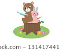 A bear and a rabbit sitting on a stump reading a book together 131417441