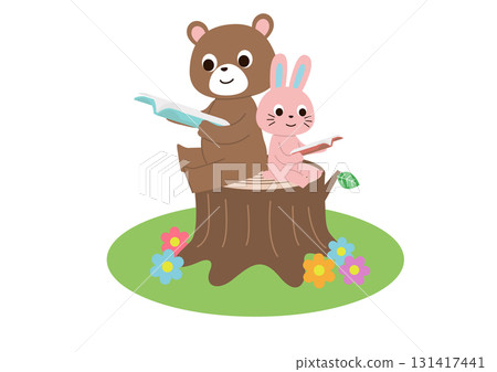一隻熊和一隻兔子坐在樹樁上一起看書 一隻熊和一隻兔子坐在樹樁上一起看書 131417441