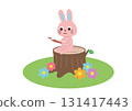 A rabbit sitting on a stump in a field reading a book 131417443