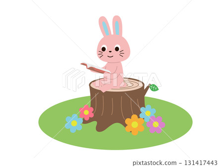 A rabbit sitting on a stump in a field reading a book 131417443