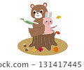 Autumn is the season for reading. A bear and a rabbit are sitting on a stump and reading a book together. 131417445