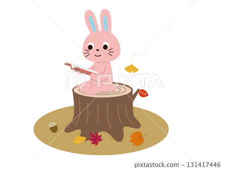 Autumn is the season for reading: A rabbit sitting on a stump reading 131417446