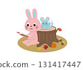 Rabbit and Mouse sitting by a stump reading a book 131417447