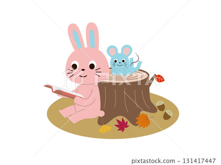 Rabbit and Mouse sitting by a stump reading a book 131417447