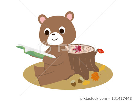 Bear reading a book by a stump 131417448