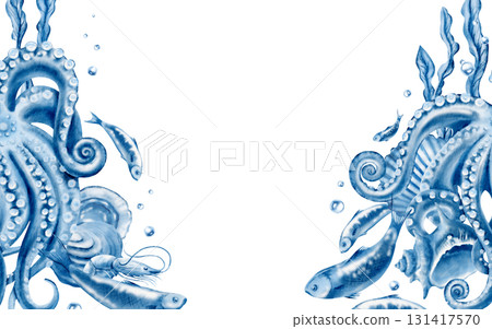 Nautical greeting card template celebrating World Octopus Day and Mediterranean octopus festivals in Portugals Algarve and Greek islands.Hand drawn watercolor monochrome illustration 131417570