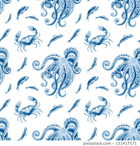 Stylized monochrome marine pattern featuring octopus,crab and sardines in blue and white.Watercolor seamless repeat design for textile printing,nautical paper goods,sustainable seafood packaging 131417571