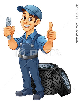 Tyre Tire Car Service Mechanic Mascot Cartoon Man Tyre Tire Car Service Mechanic Mascot Cartoon Man 131417595