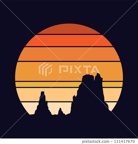 Retro sunset logo in striped style. Circle colored vintage pictures for badges. Tourism or traveling concept, adventure logotype. Cartoon vector illustration Retro sunset logo in striped style. Circle colored vintage pictures for badges. Tourism or traveling concept, adventure logotype. Cartoon vector illustration 131417670