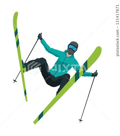 Skier, icon. Sportsman doing sport activity. People riding skis. Cartoon winter sport character, travel activity. Concept of vacation. Vector illustration isolated on white background 131417671