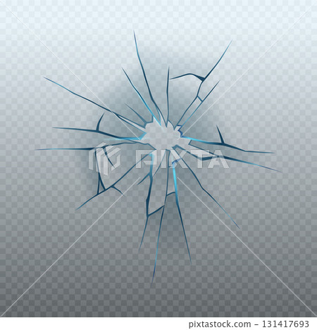 Realistic glass crack isolated on transparent background. Vector illustration of broken window, monitor display, gadget screen, car windshield, gunshot effect. Accident design element 131417693