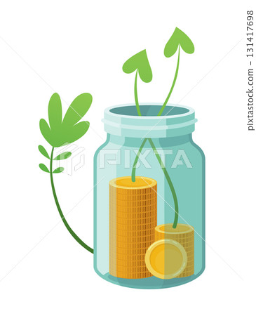 Investing bottle money, icon. Money growing concept, finance savings tree, finances investment. Money growing plant step with deposit coin in bank concept 131417698