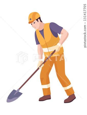 Construction Worker Digging with Shovel in Safety Gear 131417705